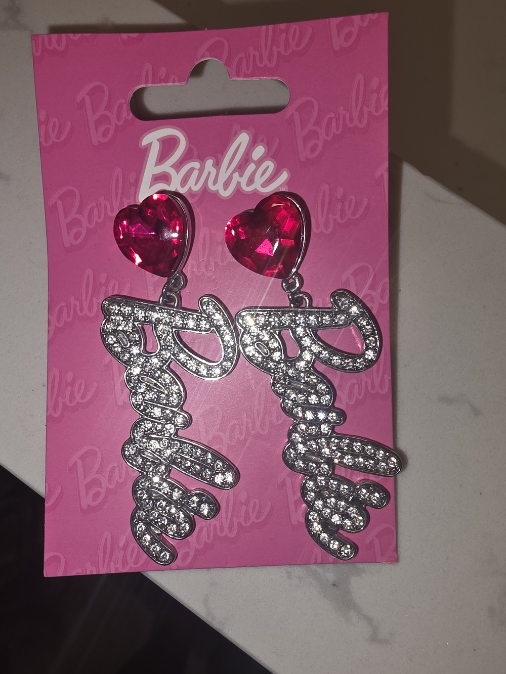 Barbie Pink Heart & Crystal 'Barbie' Script Drop Earrings